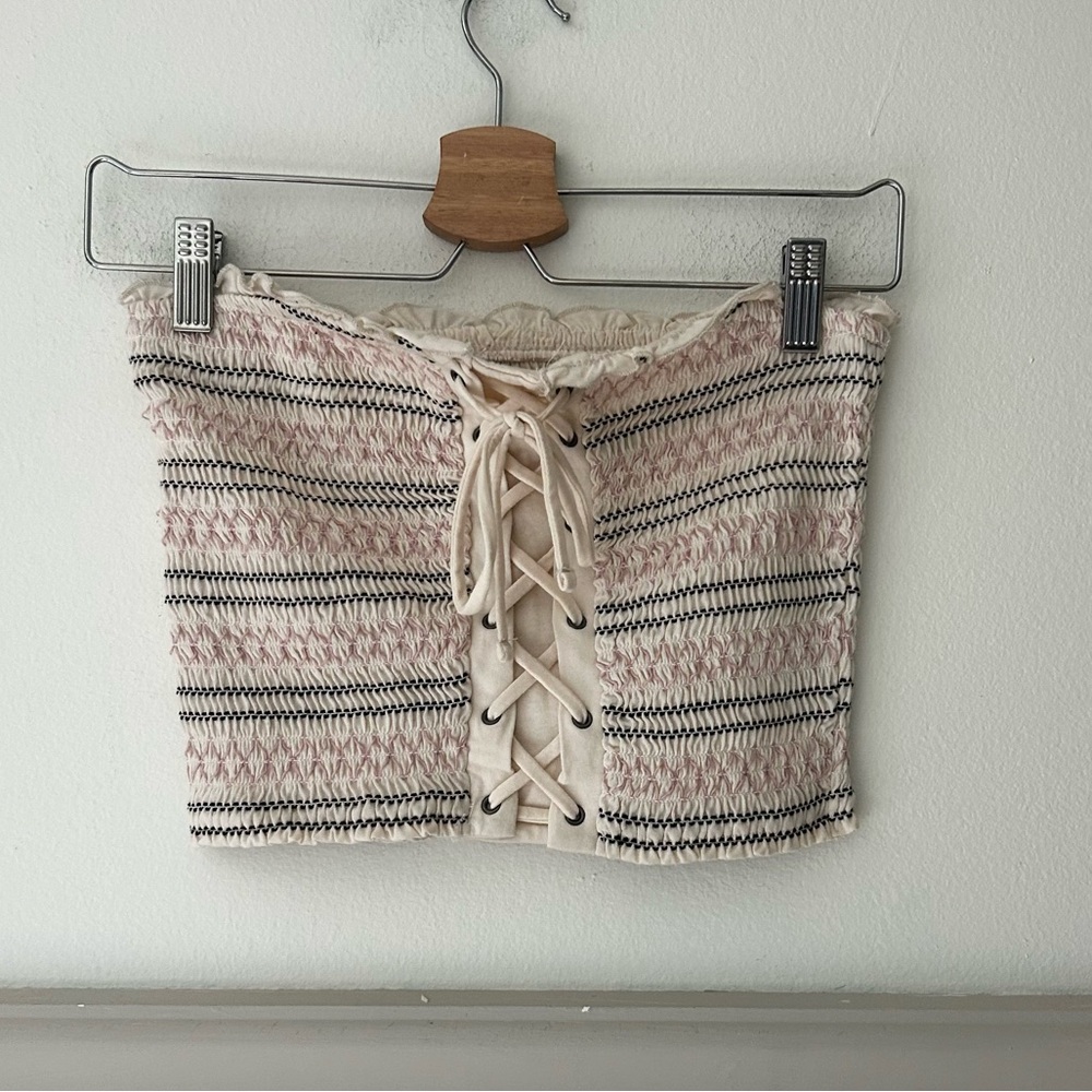 Aeropostale Small Laced Up Front Smocked Tube Top Cream Pink Striped